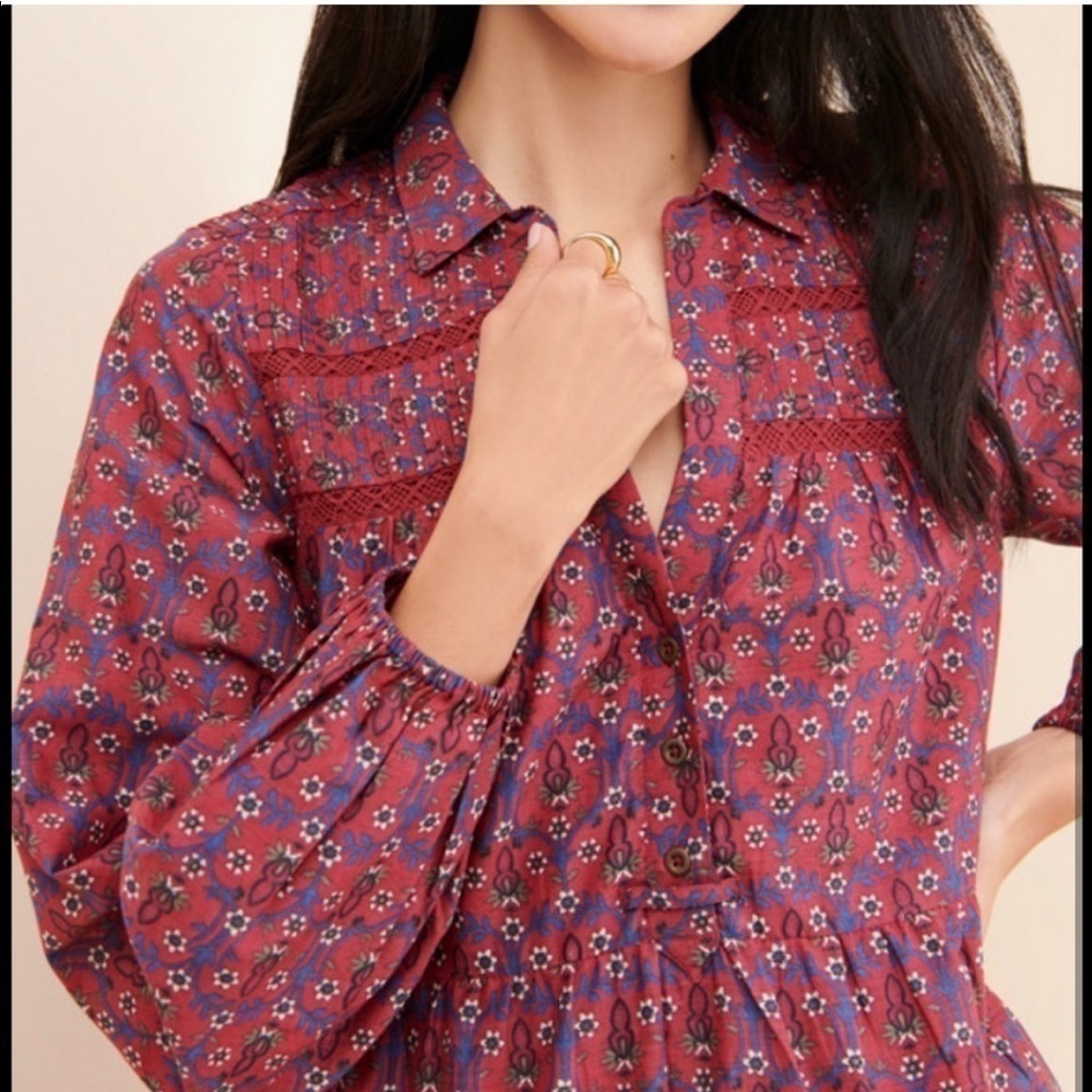 Anthropologie Tiered Shirt Side Pockets Floral Preppy Dress Prairie Cottage Core - Picture 2 of 7